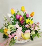 Stroik wiosenny na stół Wielkanoc kwiaty zajączek prezent ozdoba 33 cm