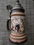 Stary kufel do piwa z pozytywką, otwierany, ceramiczny, cynk XIX