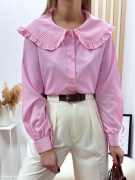 Koszula z dużym kołnierzem różowa w paski kratę bufiaste rękawy oversize