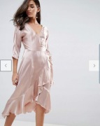 ASOS ASYMETRYCZNA SATYNOWA SUKIENKA MIDI RÓŻ BEŻ L