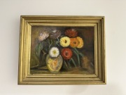 Rustykalny obraz olejny kwiaty 40 x 30 vintage PRL rama drewniana złota