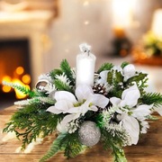 Świąteczny stroik na stół białe gwiazdy betlejemskie świeca sztuczny 33 cm