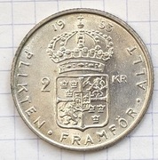 #2921 Szwecja 2 korony 1953 rzadka! srebro piękna 