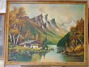 Stary, duży, obraz olejny, pejzaż górski, 