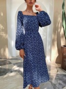 Granatowa sukienka kwiaty midi plecy S/M