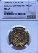 2 ZŁ 2000 TYSIĄC LECIE ZJAZDU W GNIEŹNIE NGC MS67 ! RZADKOŚĆ Nr 001