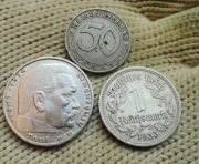 ZESTAW 3 MONET- 2 MARKI Z 1937 R ,1 MARKA 1933, 50 PFENNIG Z 1939 R.ORGINAŁ