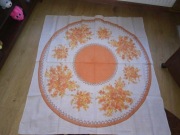 Obrus lniany koła rośliny pomarańczowy 130cm x 140cm stary PRL lata 50