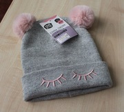 Czapka zimowa dla dziewczynki szaro - różowa 2 pompony NOWA z metką