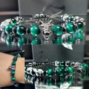 BRANSOLETKA MĘSKA WILK STAL KAMIEŃ OBSYDIAN ZIELONE TYGRYSIE szer 17 cm