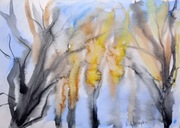 Drzewa o świcie ,akwarela, A4, pejzaż, Skoczyk 