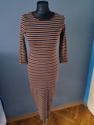 Piękna sukienka z dzianiny maxi długa  S/36 w paski burgund złota czarna