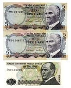 BANKNOTY TURCJA 2 X 5 + 10 LIRASI 1970 3 SZTUKI