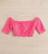Różowy neonowy crop top z krótkim rękawem rozmiar XS z koronką kwiaty 