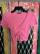 Różowy damski top na krótki rękaw z prążkowanego materiału Zara [S]