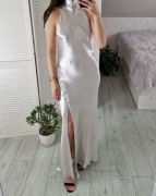 Aria cove srebrna satynowa sukienka maxi z rozcięciem gołe plecy M