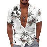 Stylowa modna męska biała koszula w palmy z krótkim rękawem XL
