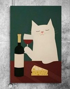 Obraz na płótnie ręcznie malowany akrylami Kot z winem i serem 80x120