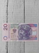 20 ZŁ seria AA 0009302 1994 UNC rzadki z przesunięciem numeratora