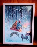 "MYŚLIWI PRZY OGNISKU"- OBRAZ OLEJNY NA PŁÓTNIE  45x35