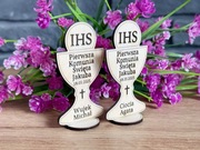 KOMUNIA drewniane podziękowanie winietka prezent dla gości stojąca figurka