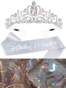 Korona Tiara opaska i Szarfa Holograficzne śr 13-14cm urodzinowe Srebrne 