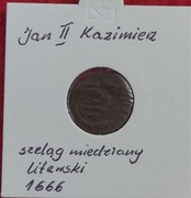 Jan II Kazimierz szeląg miedziany litewski 1666 herb Kryszpin