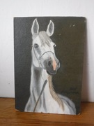 Obraz olejny na płycie koń z podpisem ZOBACZ 