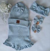 Czapka  komin opaska oraz kokardki do włosów komplet handmade