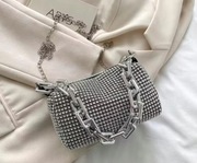 Srebrna wieczorowa torebka z (cekiny-cyrkonii) 2 łańcuchy nowa