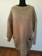 Hand Made Sweter Swukienka Wełna R Uniwersalny Oversize Brąz Ręcznie