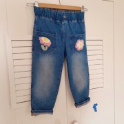 Spodnie baggy jeansy 98 jeansowe w kwiaty elastyczne 