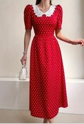 Długa czerwona sukienka pensjonarka w serduszka, kołnierzyk 40/42