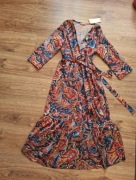 Piekna kolorowa jesienna NOWA sukienka midi z falbanami wiskoza 38