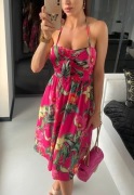 sukienka Mohito XXS/32 z wiązaniem w kwiaty, różowa, rozkloszowana