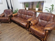 MEBLE SKÓRZANE Z DRZEWA DĘBOWGO 2 FOTELE I KANAPA 3-OSOBOWA