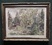 Stara akwarela - leśny pejzaż - Polska, Toruń 1947r