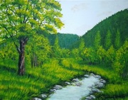 PEJZAŻ RĘCZNIE MALOWANY AKRYLOWY "W ZIELONYM ZACISZU" - 24x30cm