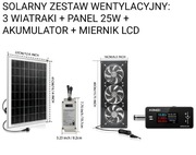 SOLARNY ZESTAW WENTYLACYJNY: 3 WIATRAKI + PANEL 25W + Bateria + MIERNIK LCD