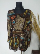 Brązowa bluzka mgiełka Przejrzysta Hippie Boho Kwiaty XL