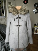 Zara damski płaszczyk z futerkiem XS kaptur szary wełna przejściowy