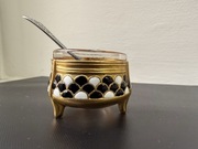 Stara ZSRR emaliowana złocona solniczka z łyżeczką