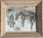 Wojak z koniem przy ognisku - stary obraz olejny, do renowacji