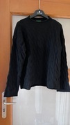 Benetton sweter wełna kaszmir czarny splot warkoczowy