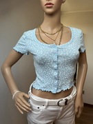Crop Top Niebieski w Białe Kwiaty Bawełna Na Guziki Rozm. XS-M boho casual