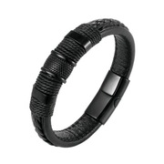 Bransoletka skórzana z lnianym oplotem - czarna