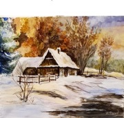 Autor : Krystyna Ptaszek , zimowy pejzaż z wiejskim domkiem
