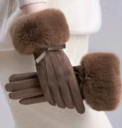 Ciepłe rękawiczki damskie rozmiar uniwersalny z futerkiem pięciopalczaste