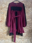 BY O LA LA Glam Bordowa Sukienka z koronką i falbanami midi S / M 36 / 38