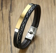 Bransoletka męska stal złota czarna skóra pleciona elegancka